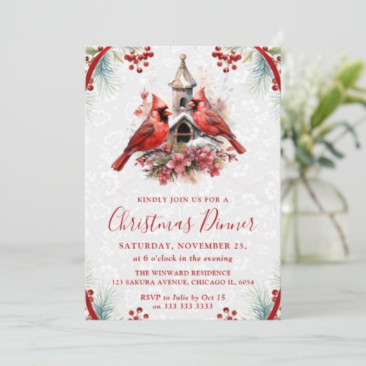 Elegant Cardinal Christmas Dinner Invitation Kaart (Staand voorkant)