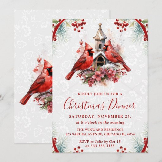 Elegant Cardinal Christmas Dinner Invitation Kaart (Voorkant / Achterkant)