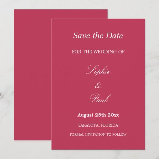 Elegant Carmine Magenta Wedding Save the Date (Voorkant / Achterkant)