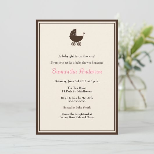 Elegant Carriage Baby shower Invitation - Girl Kaart (Staand voorkant)