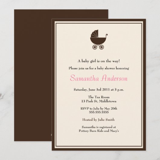 Elegant Carriage Baby shower Invitation - Girl Kaart (Voorkant / Achterkant)