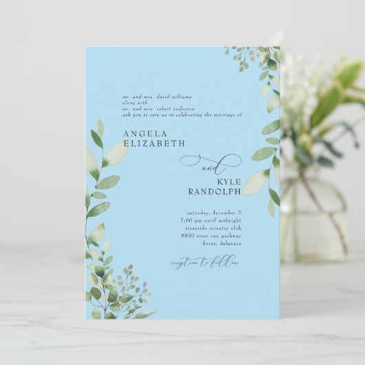 Elegant Cascading Greenery Wedding Ice Blue Kaart (Staand voorkant)