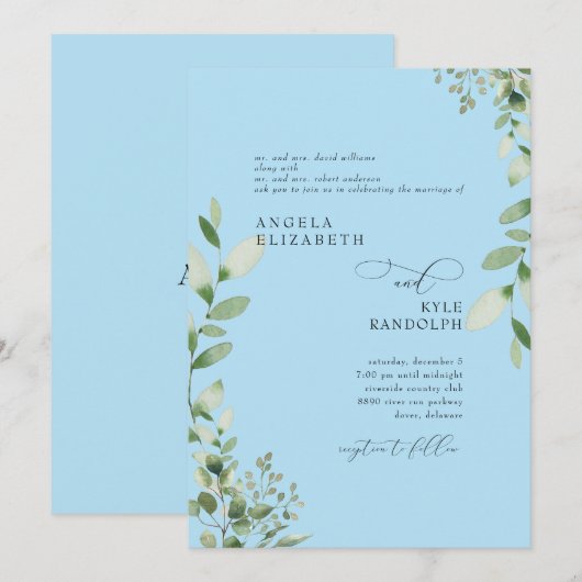Elegant Cascading Greenery Wedding Ice Blue Kaart (Voorkant / Achterkant)