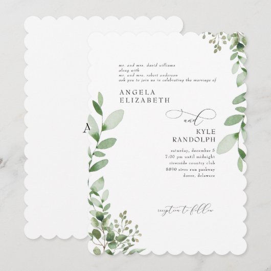 Elegant Cascading Greenery Wedding Scalloped Kaart (Voorkant / Achterkant)