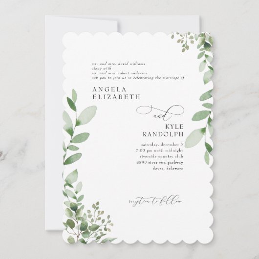 Elegant Cascading Greenery Wedding Scalloped Kaart (Voorkant)
