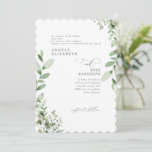 Elegant Cascading Greenery Wedding Scalloped Kaart (Staand voorkant)