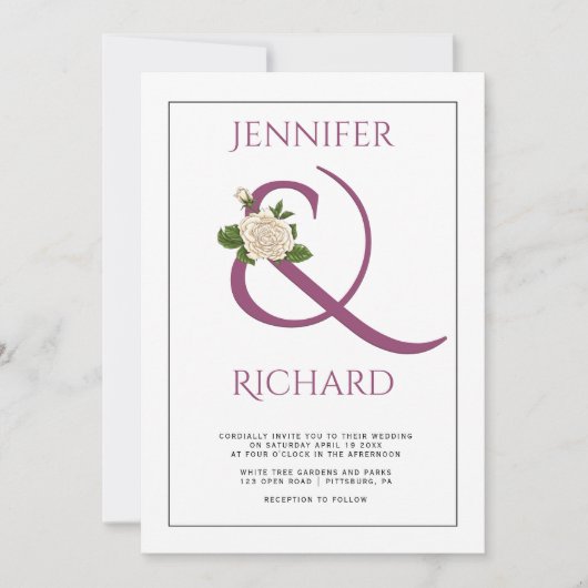 Elegant cassis paars ampersand en roos bruiloft kaart (Voorkant)
