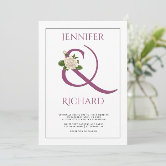 Elegant cassis paars ampersand en roos bruiloft kaart (Staand voorkant)