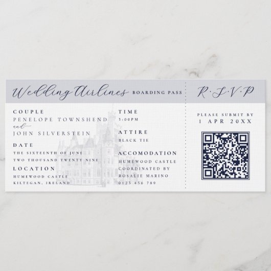 Elegant Castle Plane Ticket Destination Wedding Kaart (Voorkant)