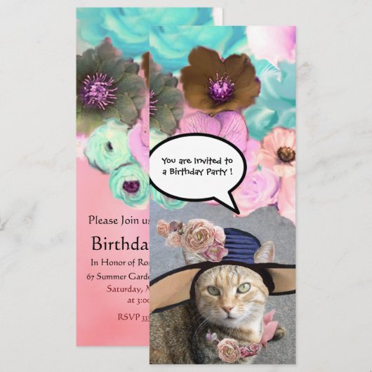 ELEGANT CAT, BIG DIVA PET EN ROZEN BIRTHDAY PARTIJ KAART (Voorkant / Achterkant)