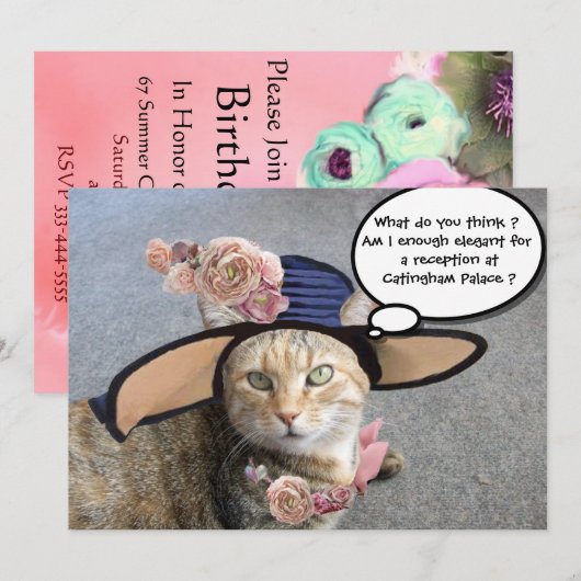 ELEGANT CAT, BIG DIVA PET EN ROZEN BIRTHDAY PARTIJ KAART (Voorkant / Achterkant)