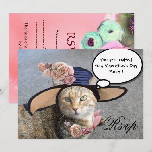 ELEGANT CAT, BIG DIVA PET EN ROZEN VALENTIJN RSVP KAART (Voorkant / Achterkant)
