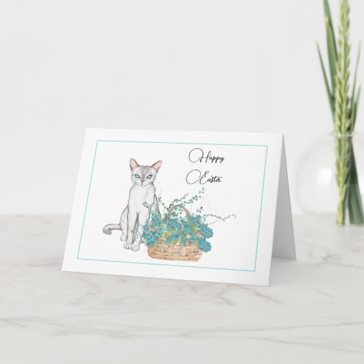 Elegant Cat Easter Kaart met blauwe bloemen (Voorkant)