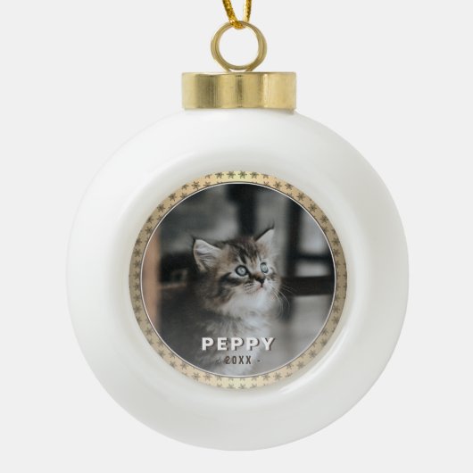 Elegant Cat Foto Golden Metallic Kerstmis Keramische Bal Ornament (Voorkant)