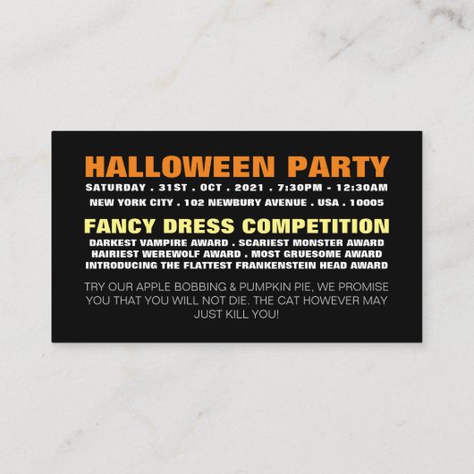 Elegant Cat, Halloween Party Ticket Invitation Informatiekaartje (Achterkant)
