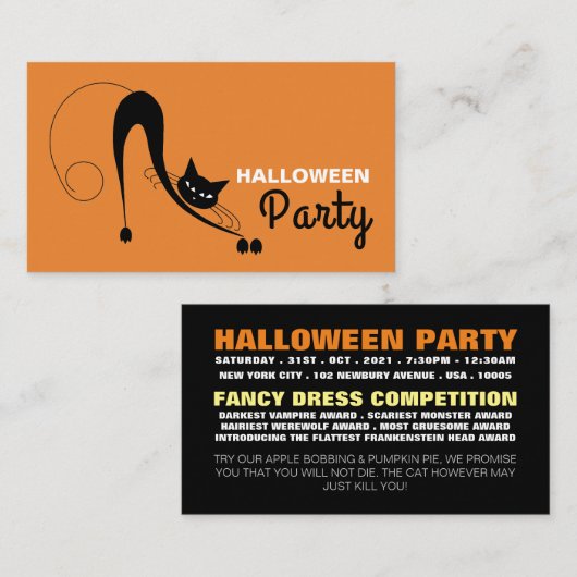 Elegant Cat, Halloween Party Ticket Invitation Informatiekaartje (Voorkant / Achterkant)