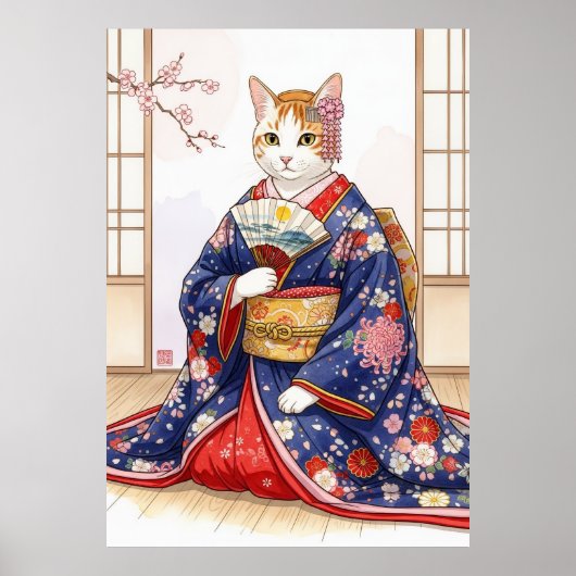Elegant Cat in Traditional Japanese Kimono Cute Poster (Voorkant)