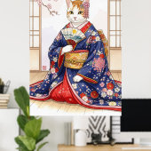 Elegant Cat in Traditional Japanese Kimono Cute Poster (Thuiskantoor)