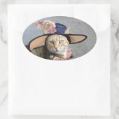 ELEGANT CAT MET BIG DIVA-PET, PINK ROSES Valentijn Ovale Sticker (Tas)