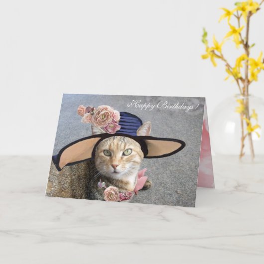 ELEGANT CAT MET DIVA-PET, PINK ROSES Birthday Kaart (Gele Bloem)