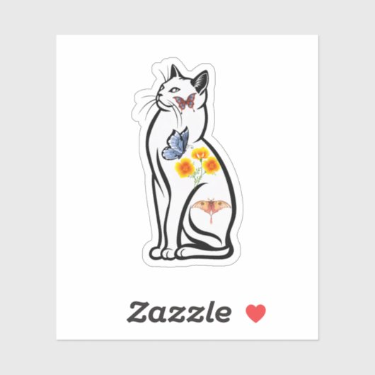 Elegant Cat Outline with Butterflies and Flower Sticker (Vel)