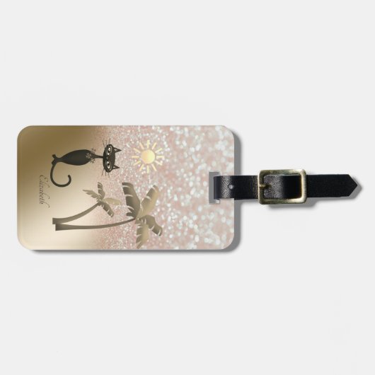 Elegant Cat, Palms, Glitter Bokeh - Gepersonalisee Bagagelabel (Voorkant horizontaal)