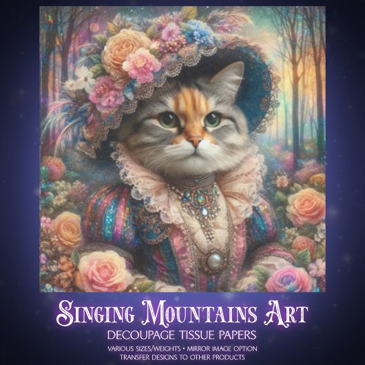 Elegant Cat Victorian Flower Garden Decoupage  Tissuepapier