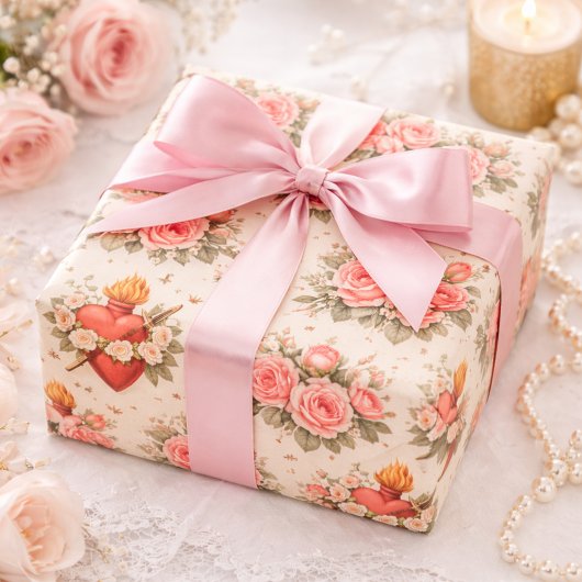 Elegant Catholic Heart of Mary Pink Roses Cadeaupapier