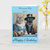 Elegant Cats having drinks sends Birthday wishes Kaart (Gele Bloem)
