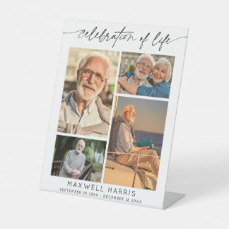 Elegant Celebration of Life 4 Photo Collage Script Reclamebord Met Voetstuk