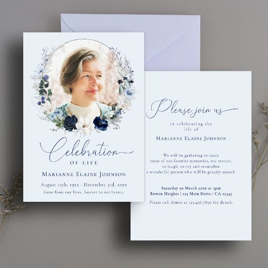 Elegant Celebration of Life Floral Photo Memorial Kaart