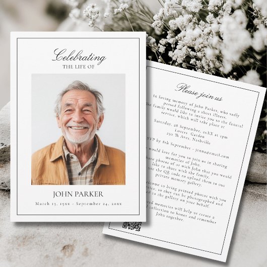 Elegant Celebration of Life Funeral Photo QR Code Kaart