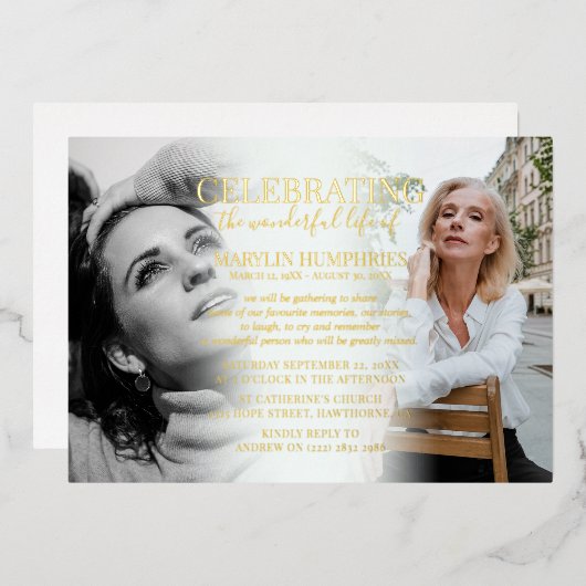 Elegant Celebration of Life Photo Gold Folie Uitnodiging (Voorkant / Achterkant)