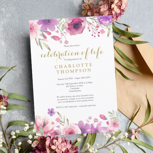 Elegant Celebration of Life Pink Waterverf Floral Kaart