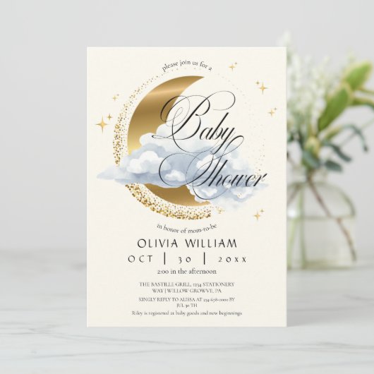 Elegant Celestial Beige Script Baby Shower  Kaart (Staand voorkant)