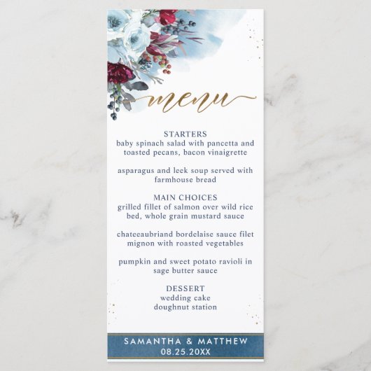 Elegant Celestial Blooms, Blauwe Waterverf, Floral Menu (Voorkant)