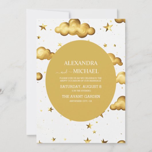 Elegant Celestial Gold Moon en Stars Wedding Kaart (Voorkant)