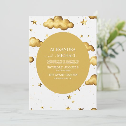 Elegant Celestial Gold Moon en Stars Wedding Kaart (Staand voorkant)
