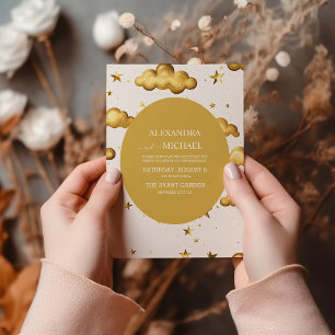 Elegant Celestial Gold Moon en Stars Wedding Kaart
