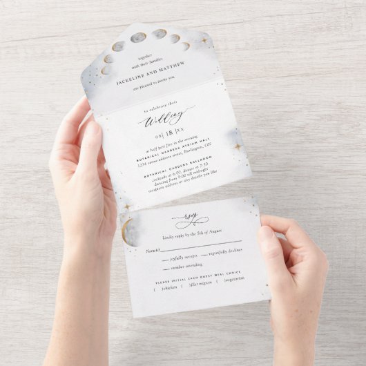 Elegant Celestial Moon and Stars Wedding All In One Uitnodiging (Afscheurbaar)