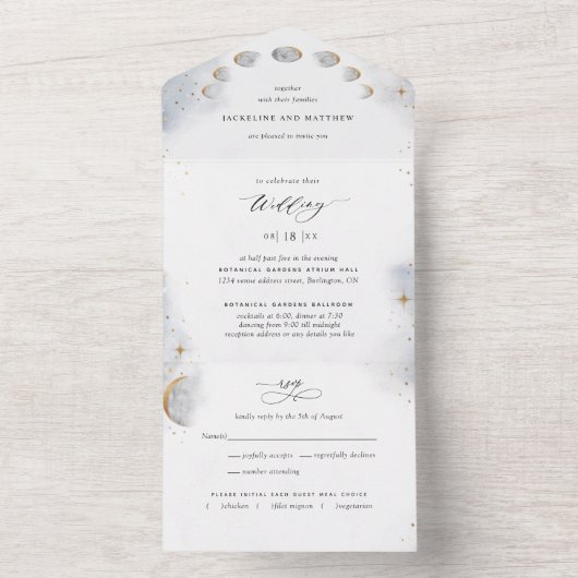 Elegant Celestial Moon and Stars Wedding All In One Uitnodiging (Binnen)
