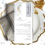 Elegant Celestial Moon Stars, Menu met gastnaam<br><div class="desc">Waarom besteed op zijn plaats kaarten en menukaarten wanneer u een elegant All-in-one elegant hemelse Menu kunt hebben dat met elke gastnaam wordt gepersonaliseerd! Hedendaags, eenvoudig en elegant design met prachtige moderne, handgeschreven kalligrafie. Mooie waterverf hemelse hemel, met sterren en maan. De tekst van het menu in zwart, streep op...</div>