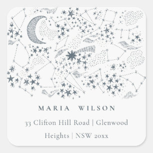 Elegant Celestial Navy Sterrennacht Moon Adres Vierkante Sticker