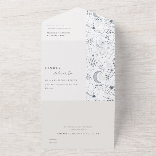 Elegant Celestial Navy Sterrennacht Moon Wedding All In One Uitnodiging (Buitenkant)