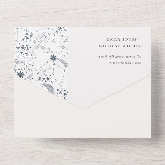 Elegant Celestial Navy Sterrennacht Moon Wedding All In One Uitnodiging (Achterkant)
