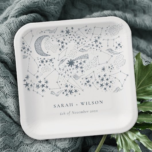 Elegant Celestial Navy Sterrennacht Moon Wedding Papieren Bordje