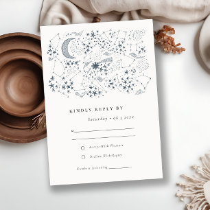 Elegant Celestial Navy Sterrennacht Moon Wedding RSVP Kaartje