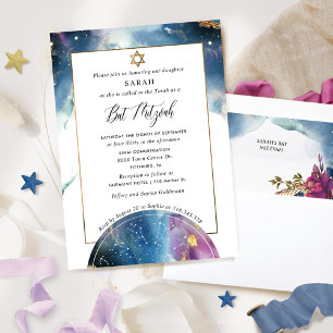 Elegant Celestial Waterverf Bat Mitzvah Kaart