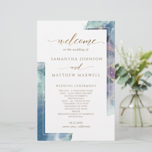 Elegant Celestial Waterverf Wedding Programme (Staand voorkant)