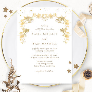 Elegant Celestial White, Gold Enchanding Wedding Kaart